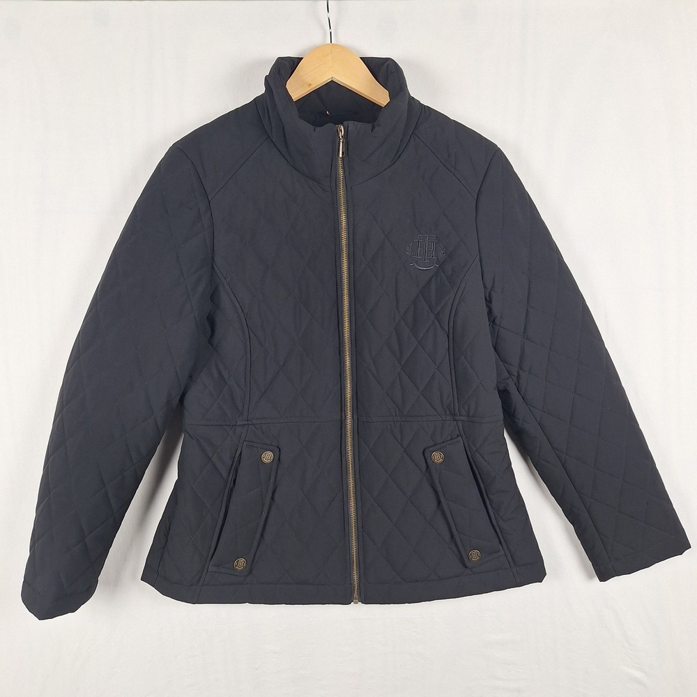 Tommy Hilfiger Quilted Diamond Stitch Full Zip Jacket Crest Logo Black Medium